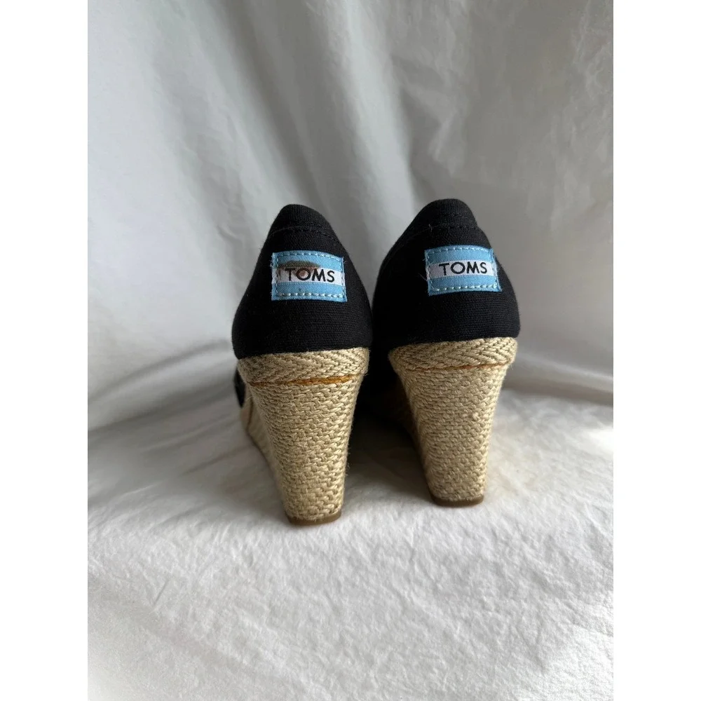 TOMS Women Black Canvas Peep Toe Espadrille Wedge Sandals Size 7